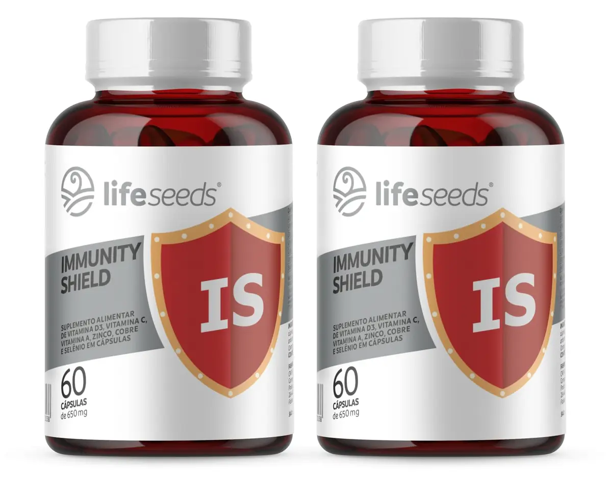 IMMUNITY SHIELD - Multivitamínico Imunidade - Vitamina C (900mg), Zinco (29mg), Vitamina A (2000ui), Cobre (900mcg), Vitamina D3 (2.000ui) e Selênio (34mcg) - 120 Cápsulas (2 Potes) - 1