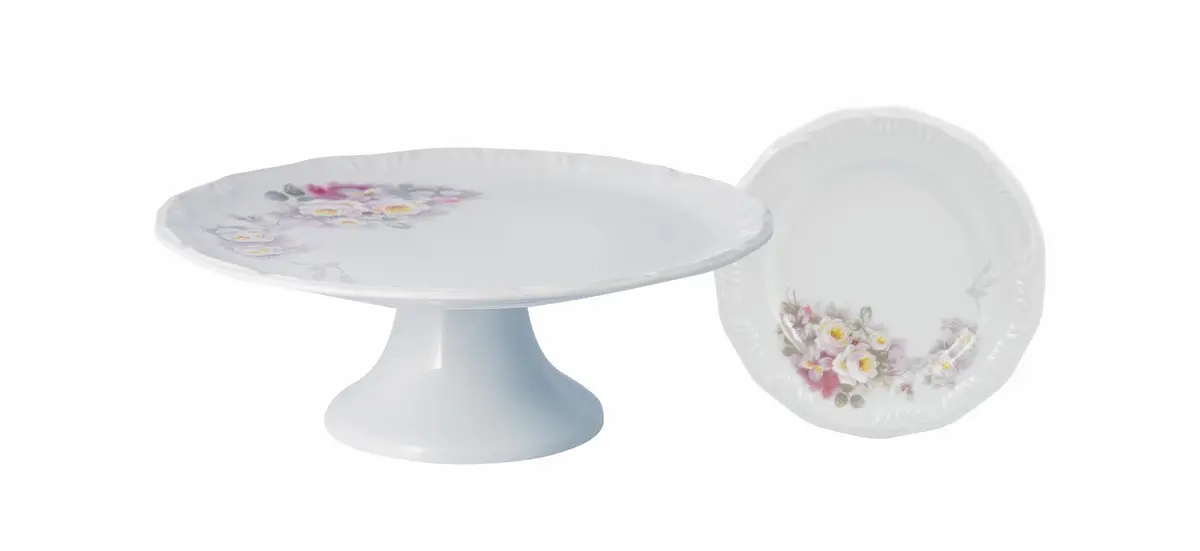 Serviço de Bolo 7 Peças em Porcelana, Modelo Pomerode, com Relevo, Decoração Eterna, Porcelana Schmidt