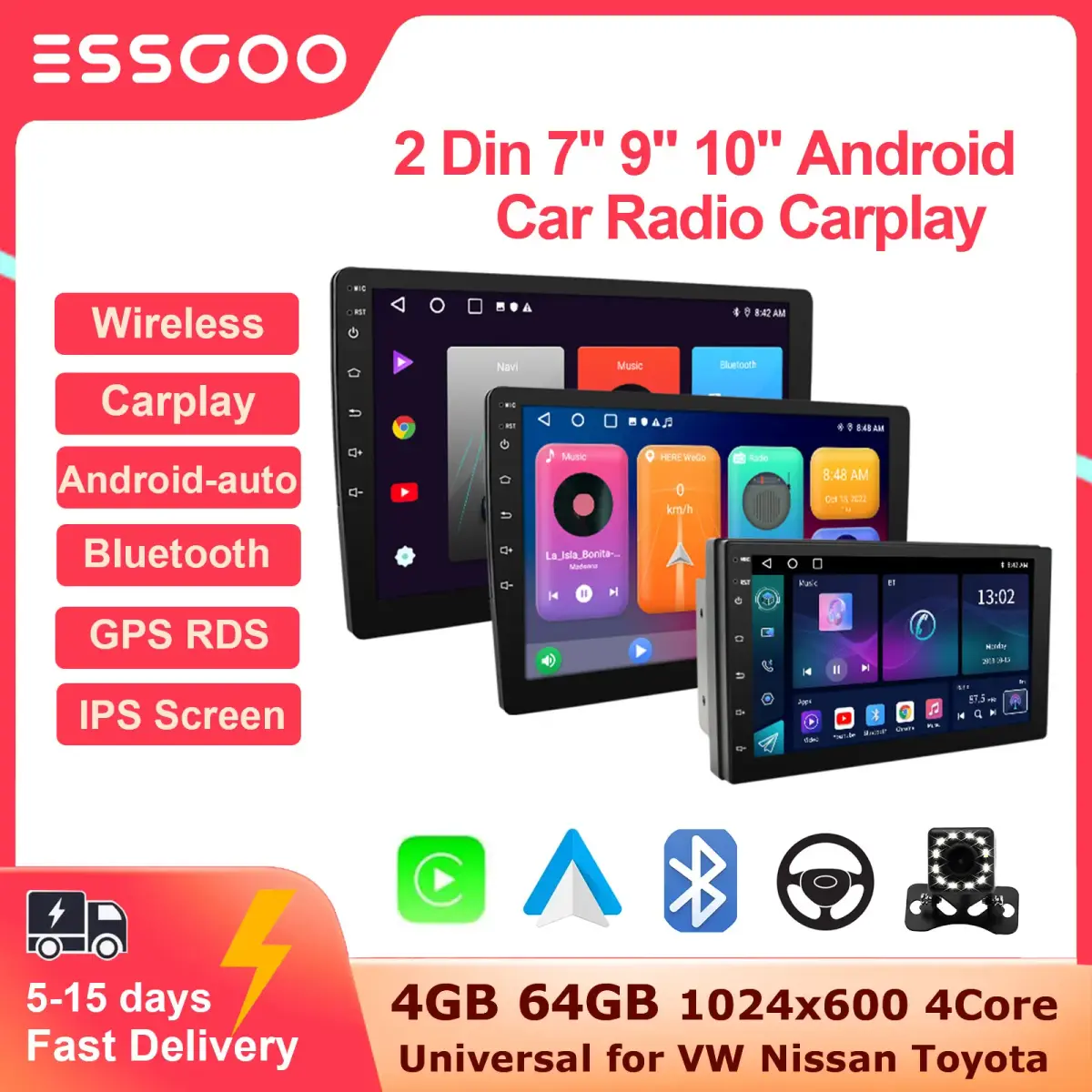 Essgoo 2 din rádio do carro carplay android auto 7 9 10 Polegada 4g 64g universal multimídia player dsp fm rds ahd gps wifi autoradio