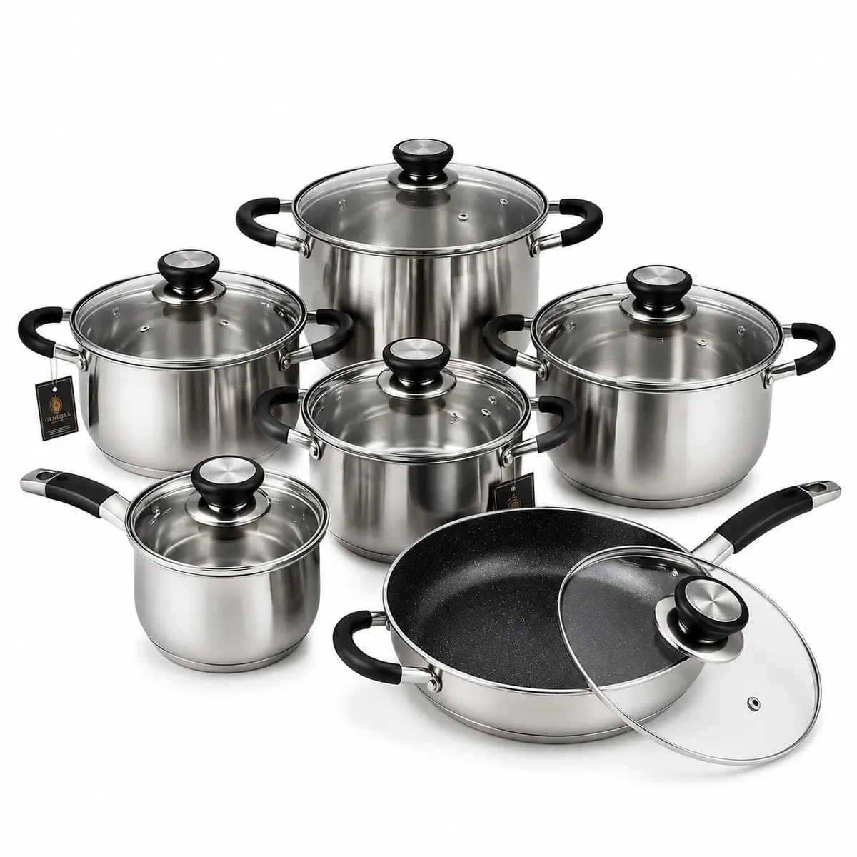 Jogo de Panelas Inox 12 Peças Fundo Triplo Compatível Indução Frigideira Cerâmica Kit Completo Premium - 1