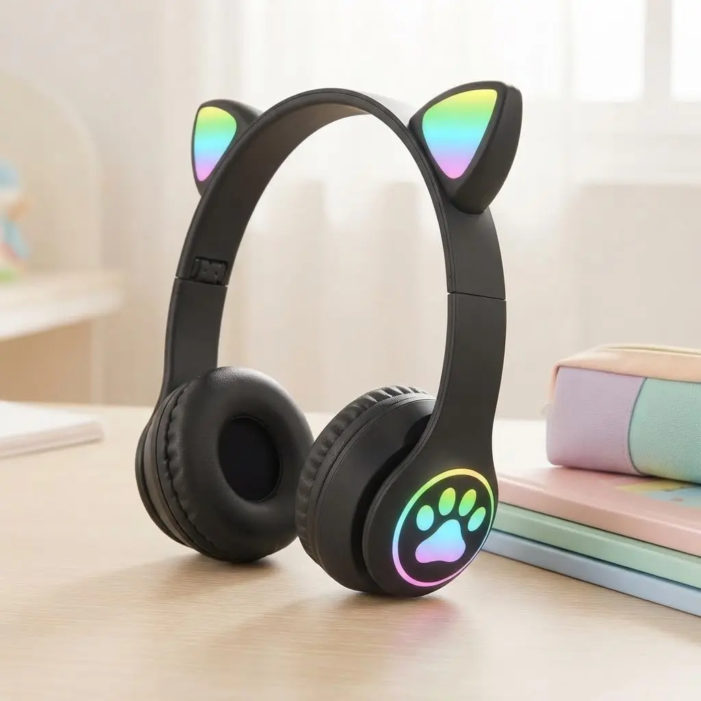 Fone de Ouvido Bluetooth Infantil Orelha Gato LED RGB Dobrável (PRETO)