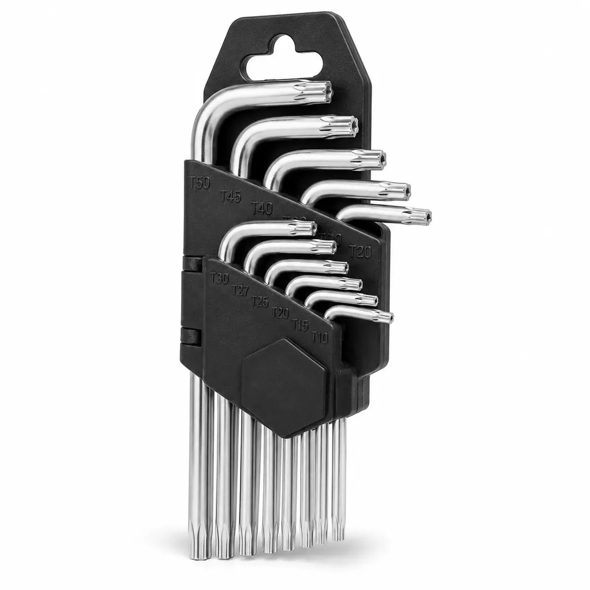 Jogo de Chave Torx Média, Tipo L, 9 Peças T10 a T50 com Furo Guia em Aço Cromo Vanádio