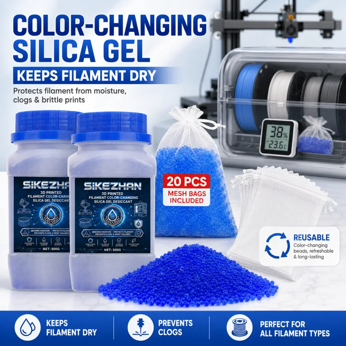 Dessecante de Silicone para Filamento de Impressora 3D 1000g, Absorvedor de Umidade que Muda de Cor com 20 Sacos de Malha para PLA PETG ABS TPU