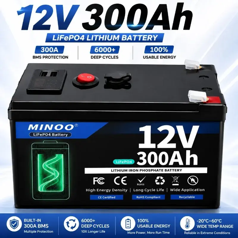 Bateria LiFePO4 12V 300AH 12V 200AH com Carregador Gratuito, Bateria de Lítio 12V com BMS de 300A Integrado, Mais de 6000 Ciclos para Energia Solar, RV e Marítima