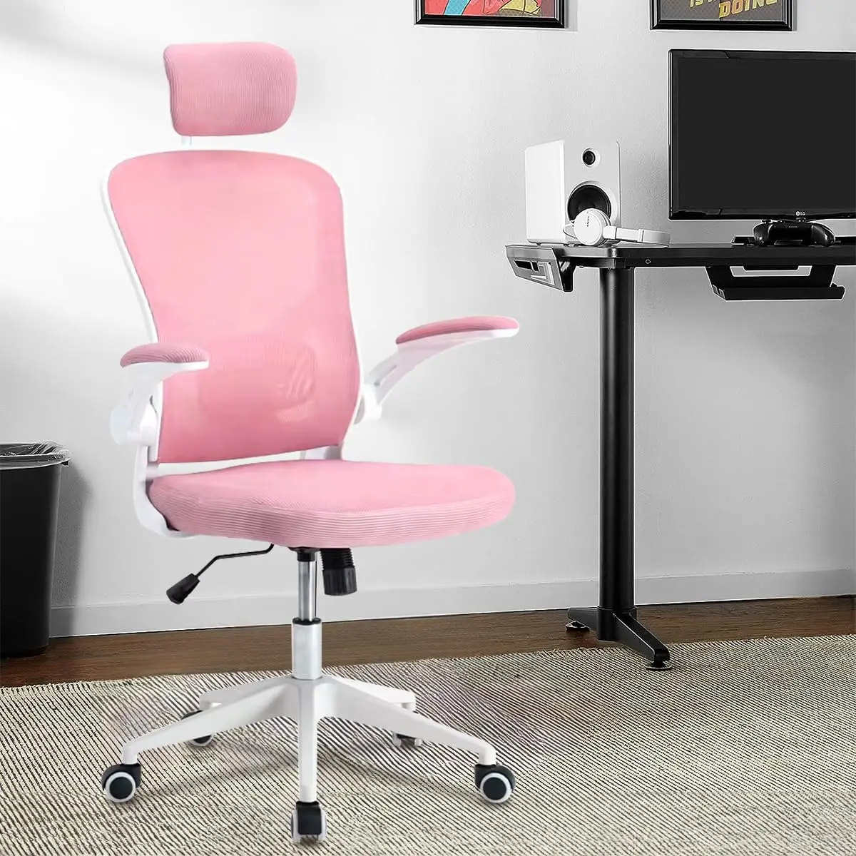 Cadeira de escritório ergonômica com estofado de mesh (Rosa)