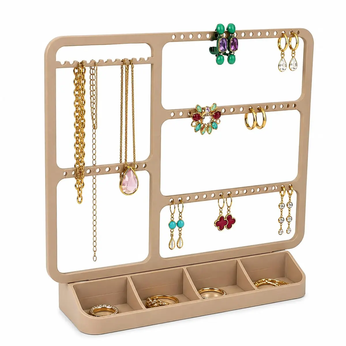 Organizador de Joias de Mesa com Suporte para Brincos, Colares e Anéis, Expositor Decorativo Moderno com Bandeja Multiuso (BEGE)