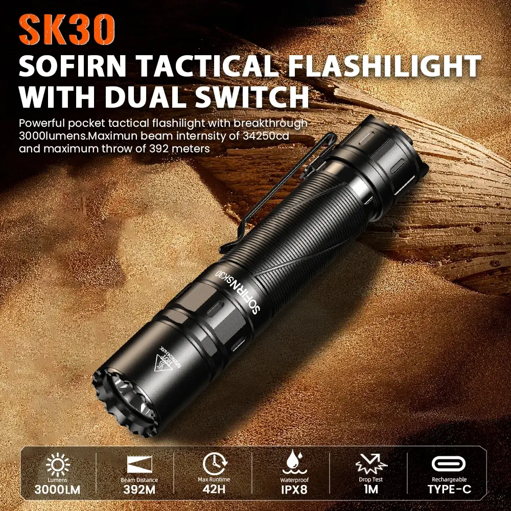 Lanterna Tática SOFIRN SK30 2800LM com Luz LED SFT70 6500K, Recarregável USB C 21700, Tocha com Duplo Interruptor