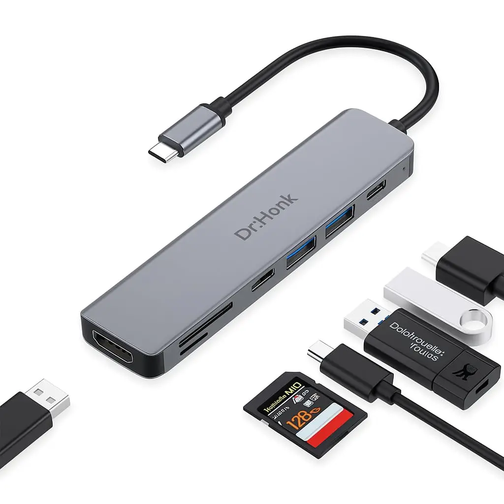 Hub USB-C 7 em 1 DR. HANK Adaptador Multiportas para Notebook e PC, HDMI 4K 60Hz, USB 3.0 e USB 2.0, Leitor de Cartão SD e MicroSD, Entrada Tipo C para Carregamento Rápido, Expansor de Portas Portátil