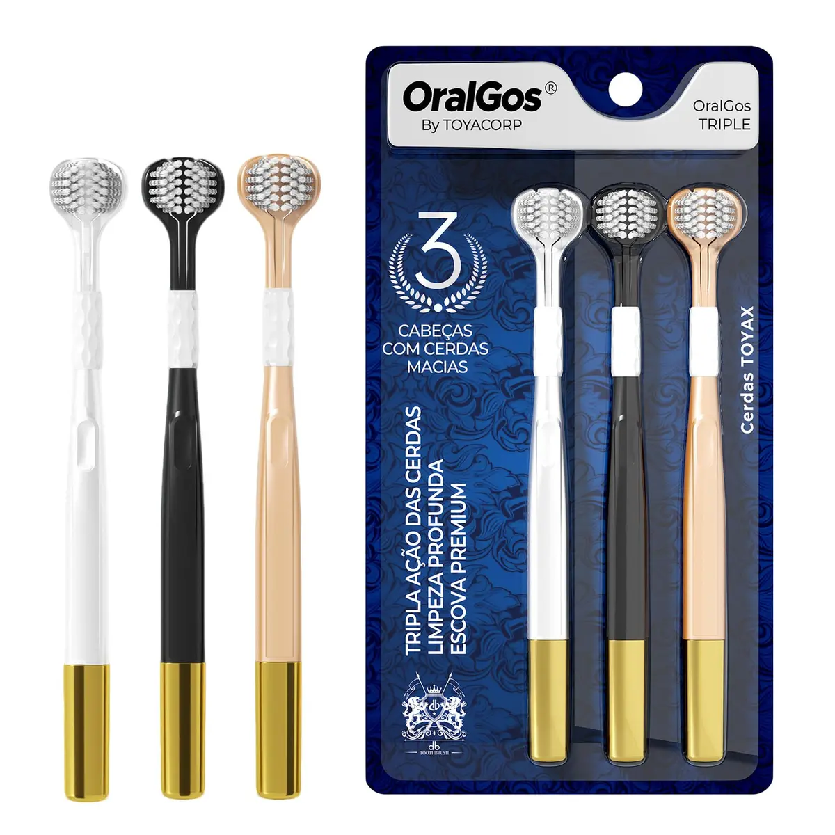 OralGos Escova de Dente 3 Faces Ultra Macia, 3 Unidades, Adulto | Gengivas Sensíveis, Multi-Cores, Prática para Viagem, Inovadora e Funcional - 1
