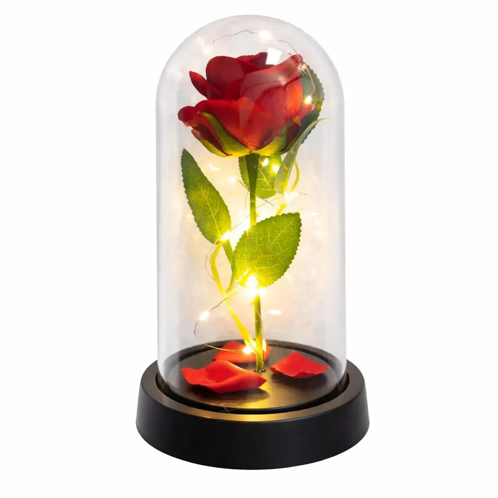 Flor Artificial Vermelha na Cúpula com LED 22cm – Rosa Encantada Tipo Bela e a Fera, Decoração Romântica com Luz, Presente Dia dos Namorados, Aniversário, Casamento