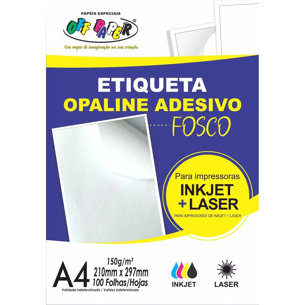 Papel Opaline, A4, Adesivo, Branco Fosco, Pacote com 100 Folhas, Off Paper