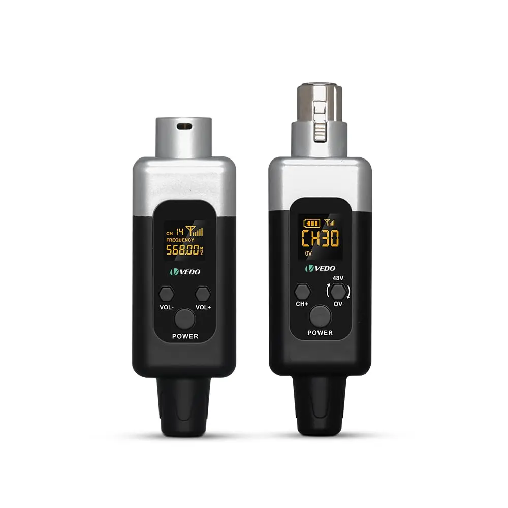 VEDO Conversor Microfone Sem Fio,48v/0V Uhf Transmissor Receptor,Alcance de 30 metros, 30 canais ajustáveis,XLR Sistema de microfone sem fio para todos os tipos de microfone