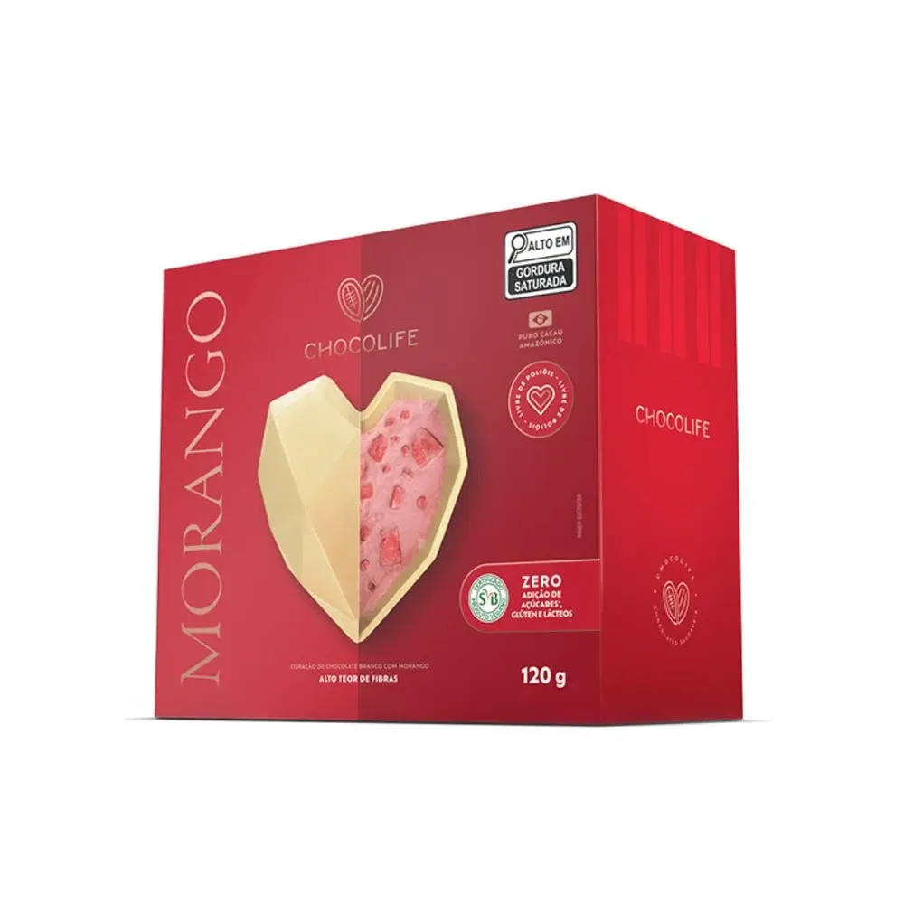 Presente Coração Chocolate Branco com Morangos Zero Açúcar 120g