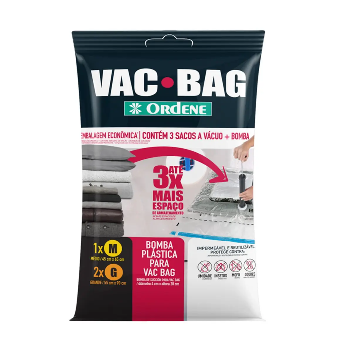 Ordene - Conjunto de Sacos à Vácuo para Armazenamento, Contém 1 Saco Médio (45cmx65cm), 2 Sacos Grandes (55comx90cm) + Bomba Plástica, Linha Vac Bag - 1