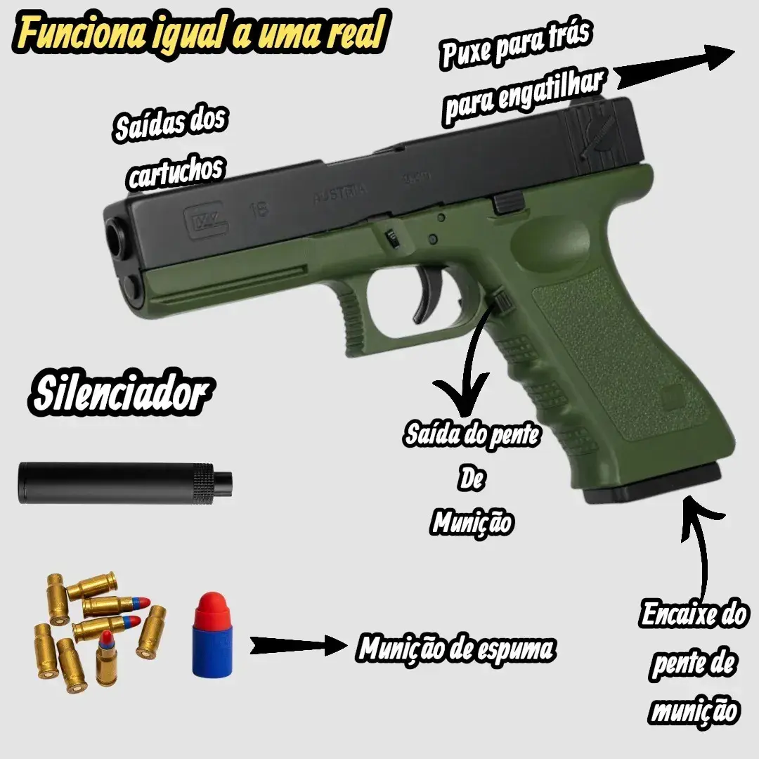 Arma De Brinquedo Pistola Com Dardos E Capsulas Arminha Cor Verde Com Preto thumbnail 5