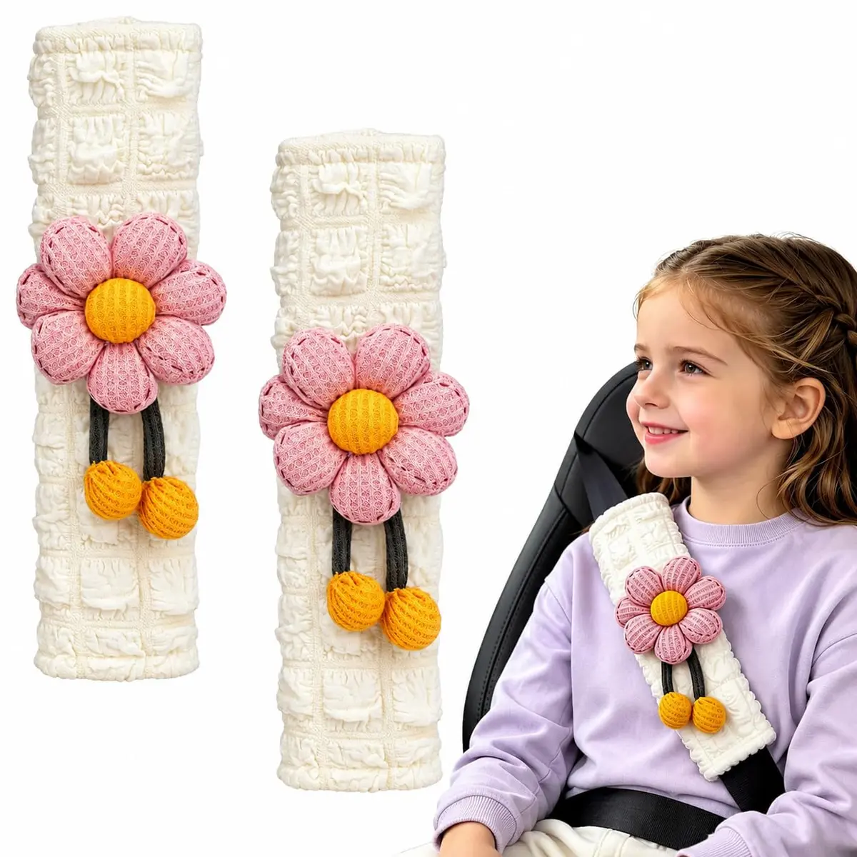 Kit 2 Protetores de Cinto Pelúcia Flor Rosa Macio Universal Carro - 1
