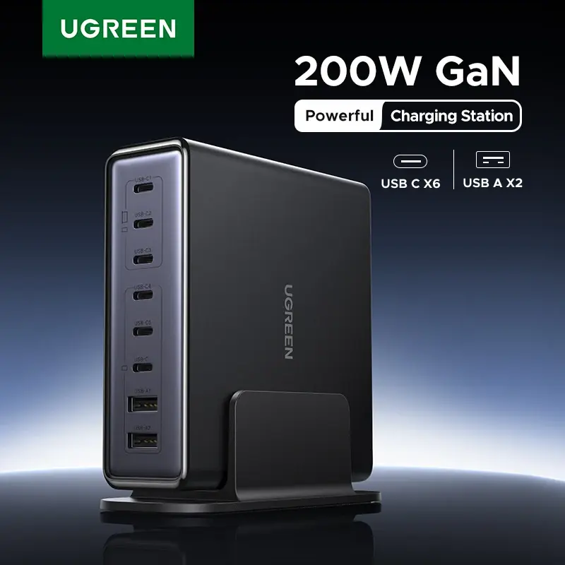 【Plugue coreano】UGREEN 200W GaN Carregador 8 em 1 Estação de carregamento de mesa para Macbook Laptop iPhone 16 15 Pro Xiaomi Samsung Tablet