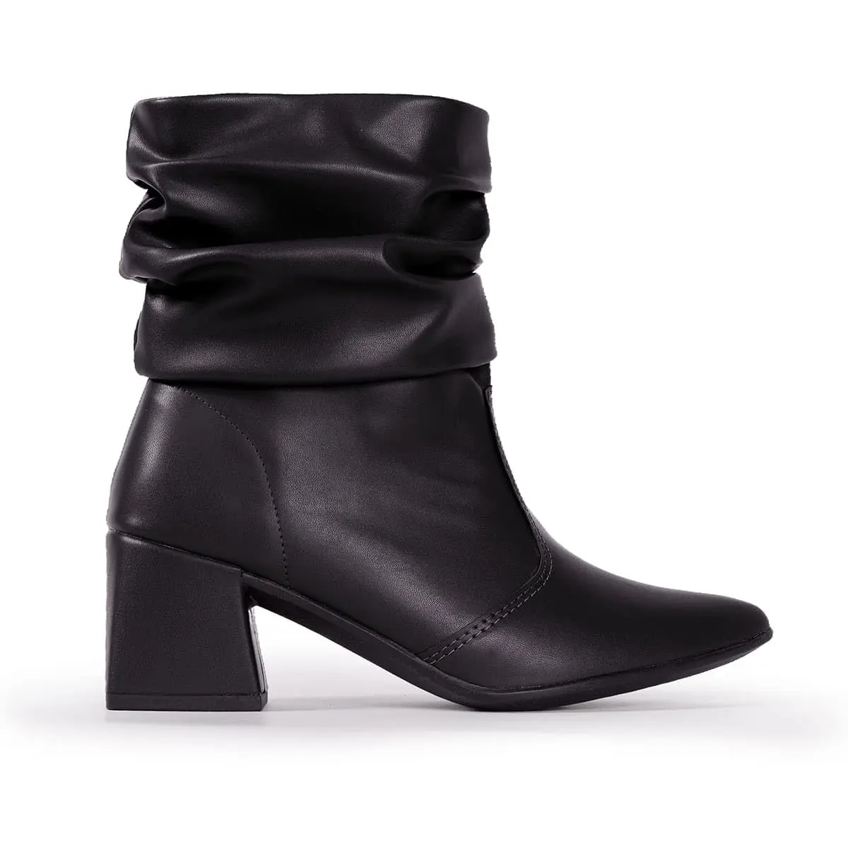Via Angel Bota Feminina Slouch Enrugada, Salto Quadrado, Bico Fino, Cano Curto, Moderna 10502