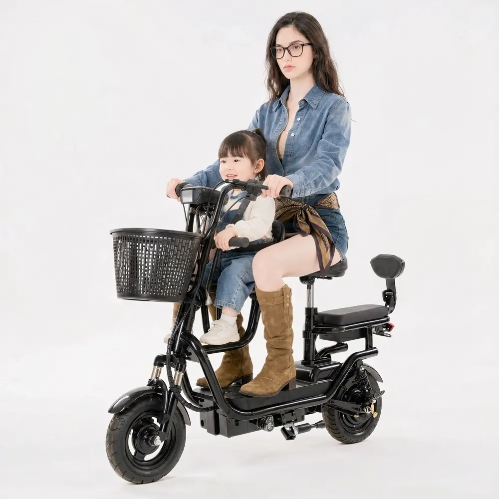 SKYBOARD Bicicleta Elétrica Familiar 3 Lugares Assento Bebê 1-3 Anos Dupla Proteção Cesto 110x92x30cm 48V12Ah