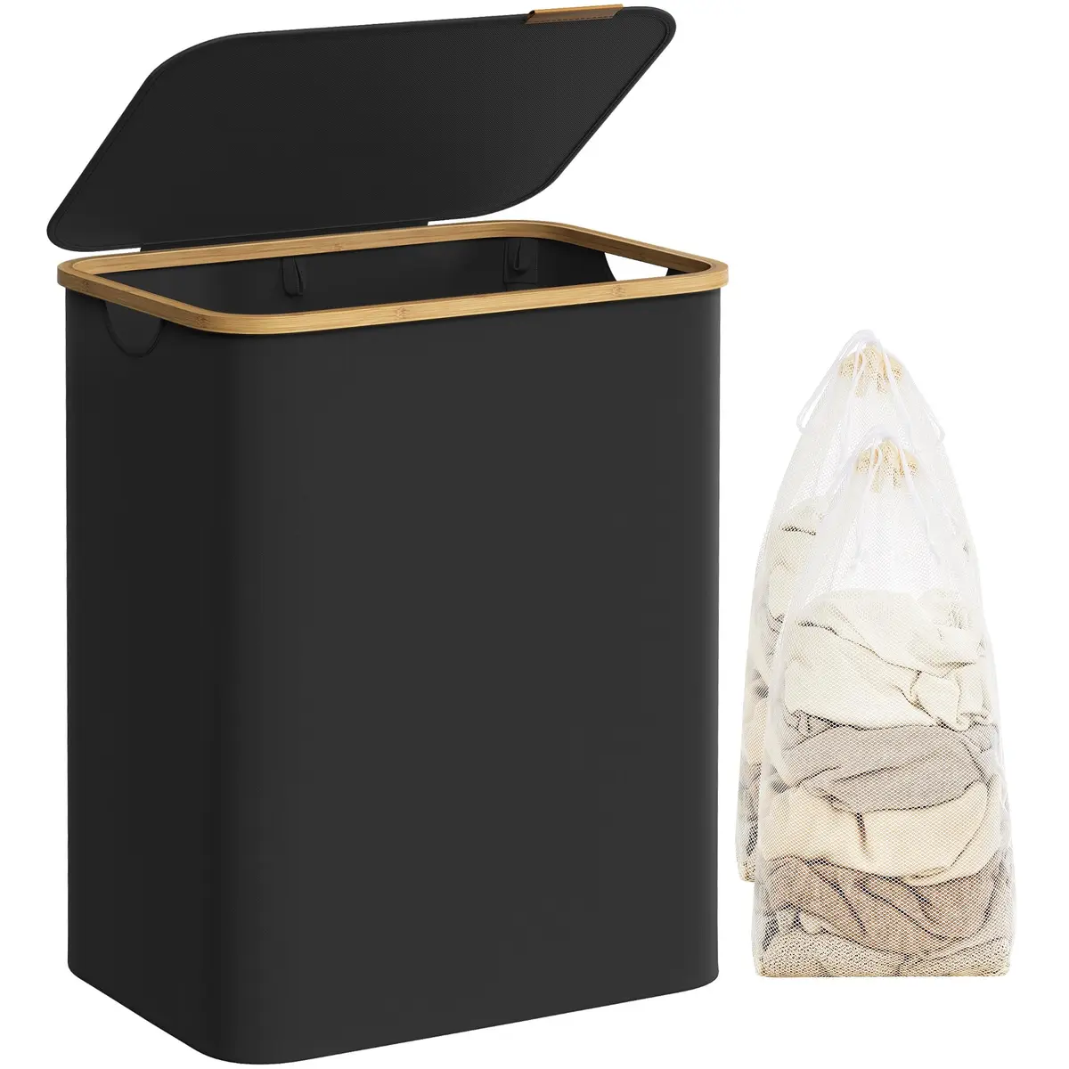 SONGMICS Cesto de Roupa com Tampa, Forro de Malha Removível | Alças de Bambu, Dobrável, 130L, 52 x 38,5 x 70,5 cm, LCB513B01