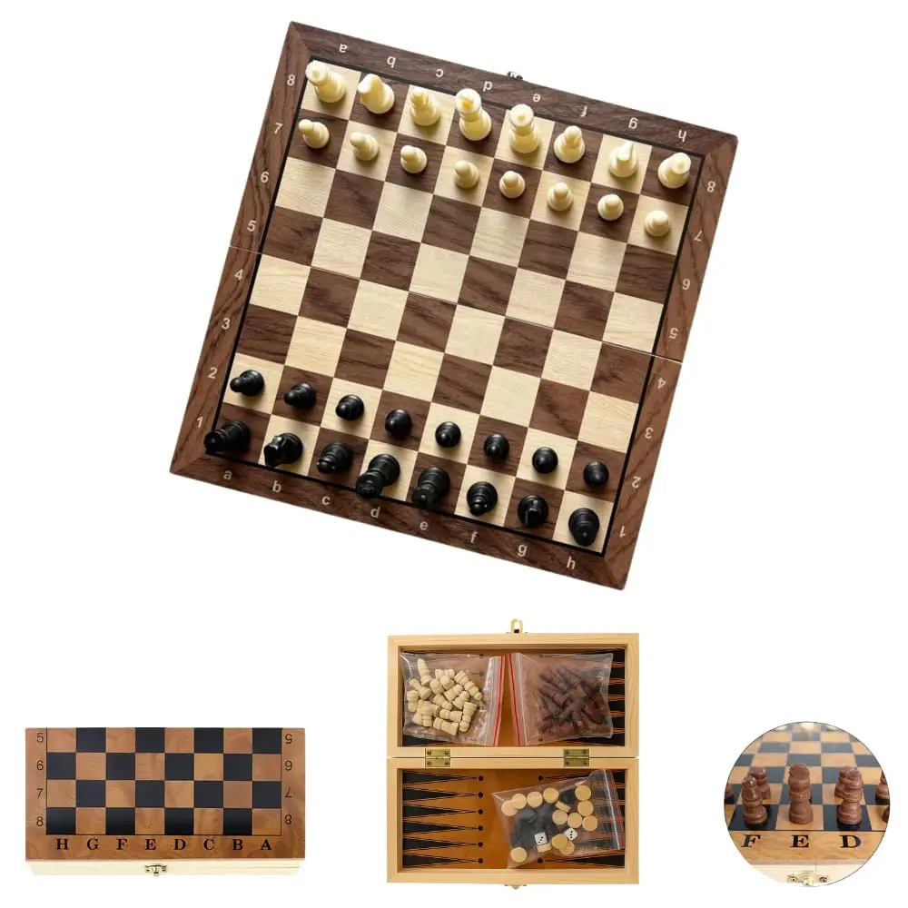 Jogo de Xadrez, Dama e Gamão em Madeira Dobrável 29 x 29 Profissional – Tabuleiro com Peças em Resina e Fecho de Metal – Estojo 3 em 1 Portátil e Elegante