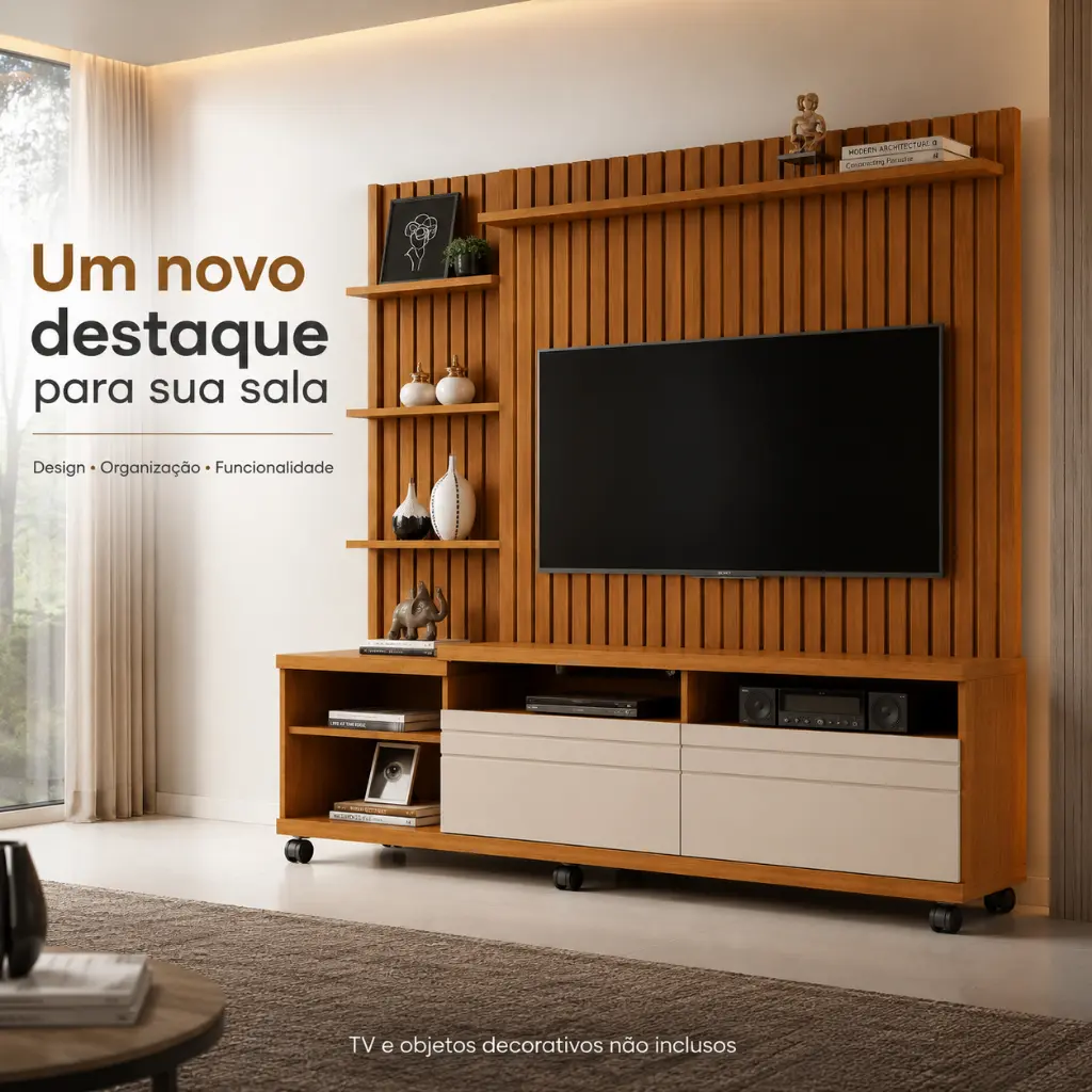 Estante Home Nobre 180cm com Painel Ripado para TV até 60 Polegadas