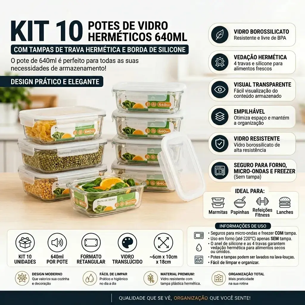 Kit 10 Potes Herméticos De Vidro 640ml Haushop Tampa Vedação Firme Para Geladeira E Despensa Organização Da Cozinha thumbnail 4
