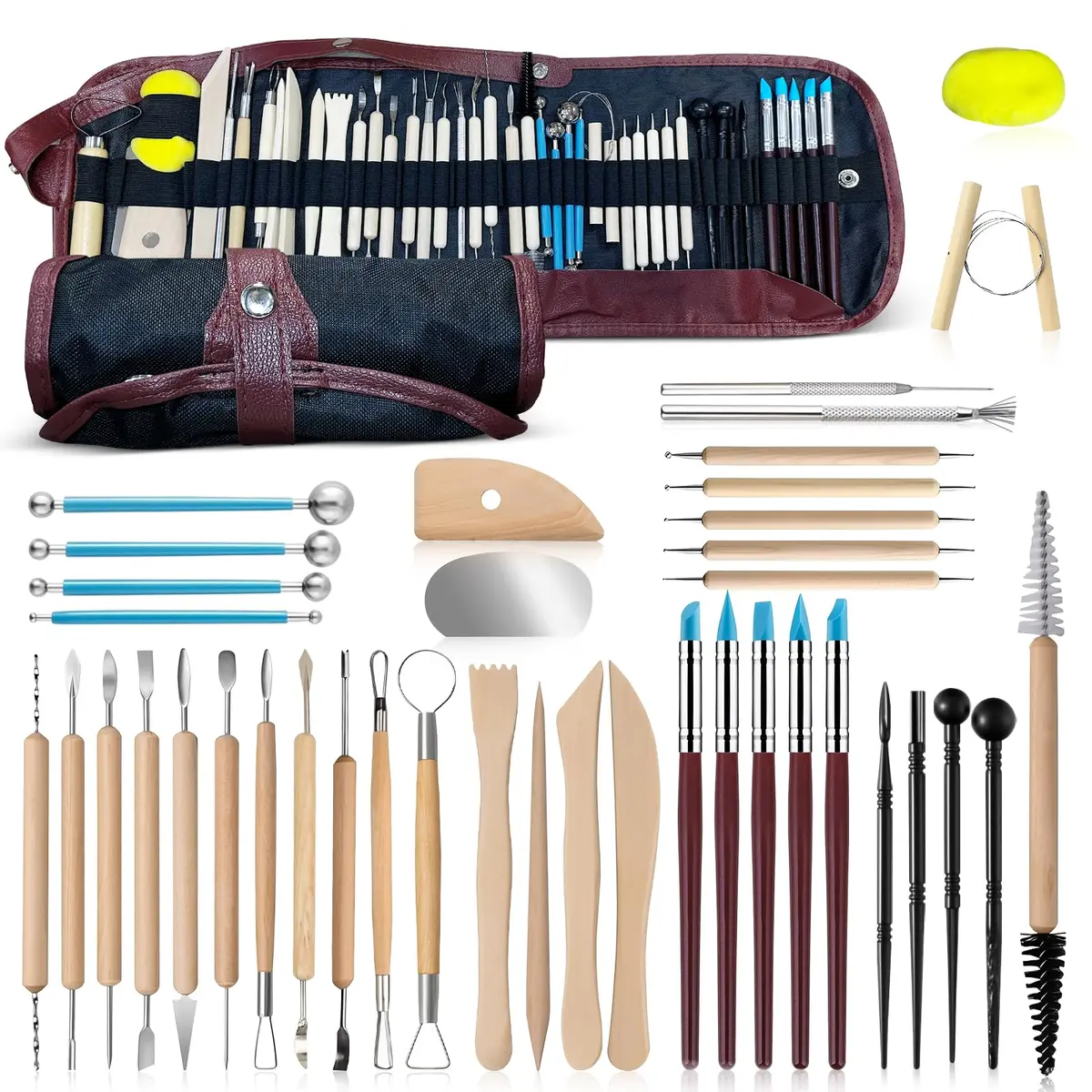 Kit de Ferramentas de Esculpir 43 Peças Ferramentas Ceramica Fria com Esponja Artística e Escultura de Argila para Argila, Porcelana e Artesanato
