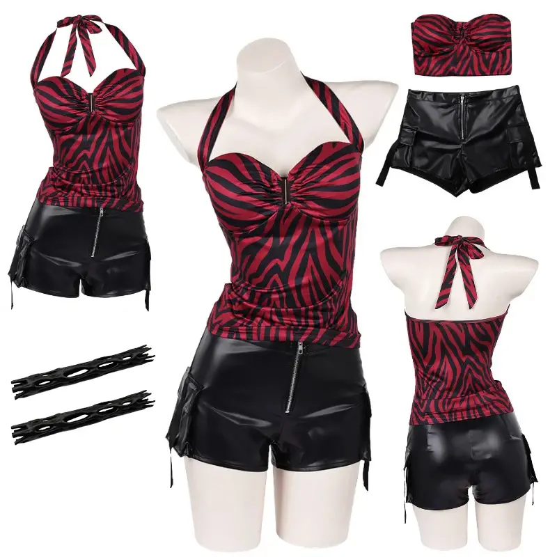 Fantasia de Cosplay Nikki Obsession: Top Halter Zebra e Shorts Cargo de Couro Sintético - Estilo Punk Streetwear para Halloween e Carnaval - 1