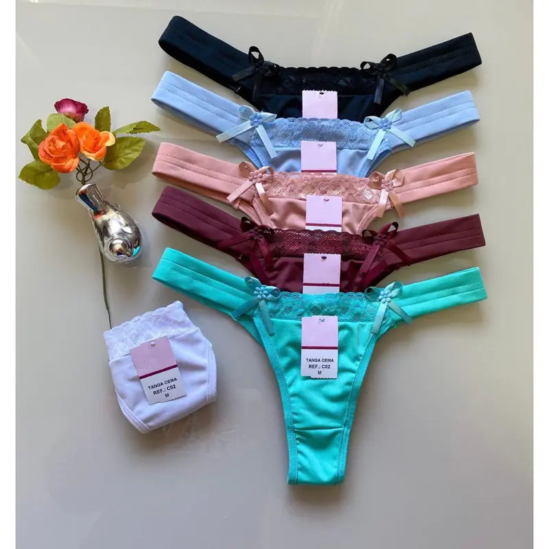 Kit 10 Calcinhas Pala Com Renda Fio Dental Lingerie Feminina Tanga Conforto - 1