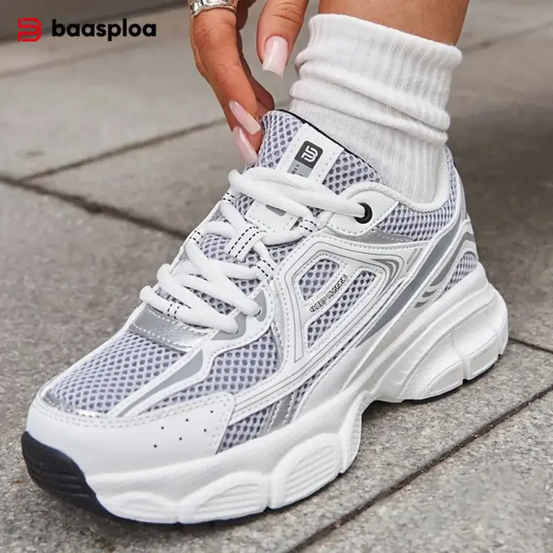 Baasploa mulheres sapatos esportivos ao ar livre leve respirável tênis de corrida feminino casual malha anti-deslizamento rendas até tênis de corrida