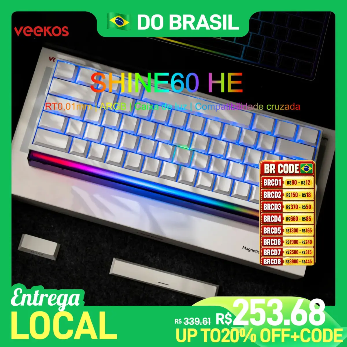 Veekos Teclado Shine60 HE 60% AGRB com Lightbox RT0.01mm Interruptor Magnético 8K Tipo-C Teclado Mecânico E-Sports