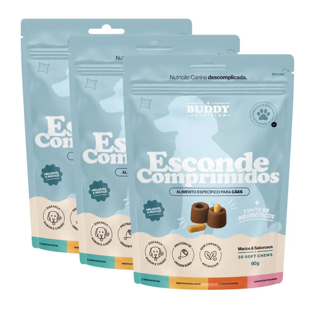 Buddy Nutrition - 3x Esconde Comprimidos - 30 Soft Chews | (3 Pouchs) Petisco para remédio para cães, Sem corantes artificiais, Sem aromatizantes artificiais, Sem BHA, BHT e TBHQ