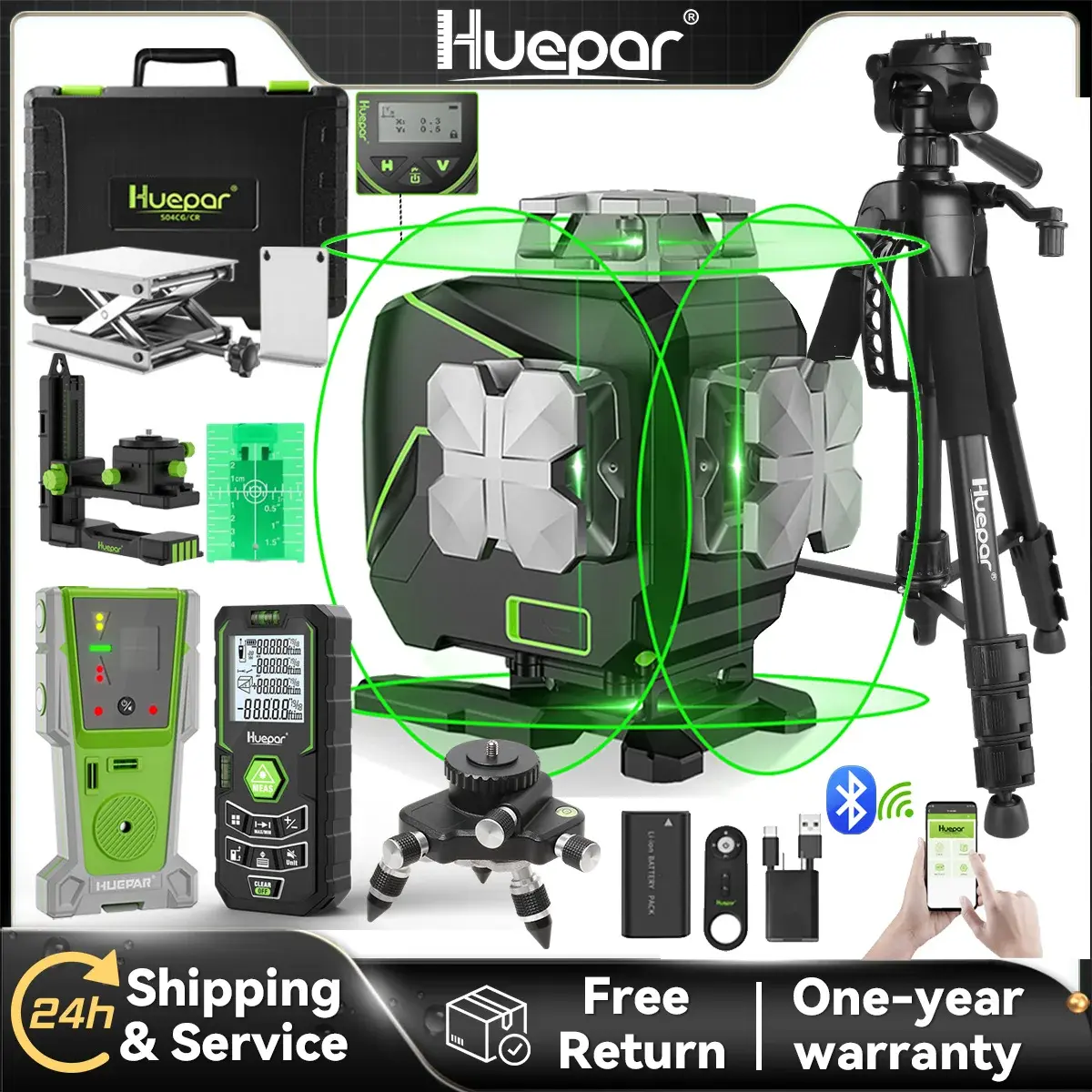 Huepar S04CG-C conjunto 4d 16 linhas de linha cruzada nível laser lcd/bluetooth/ferramentas laser remotas com detector tripé rangefinder adaptador