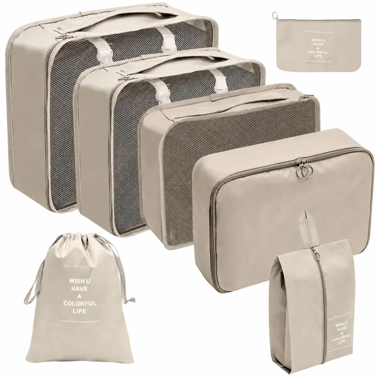 Kit Organizador de Mala 8 Peças Packing Cubes com Compressão Porta Sapatos Necessaire Transparente Roupas Sujas para Viagem (Bege 7 peças) - 1