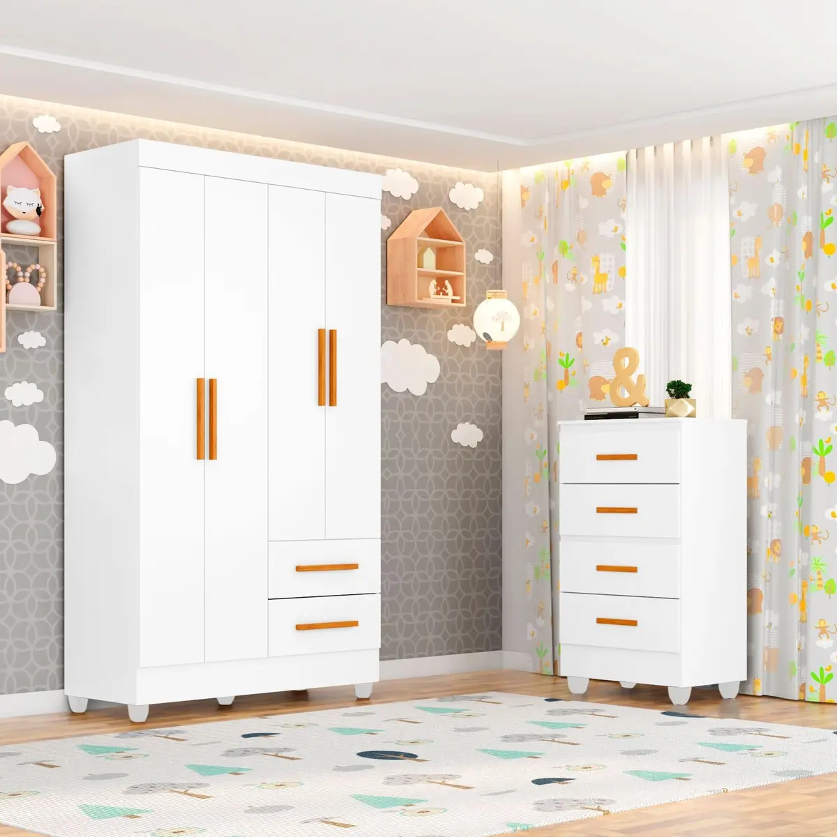 Quarto Bebê Infantil com Guarda-Roupa 4 Portas e 2 Gavetas com Cômoda 4 Gavetas Branco Branco - 1