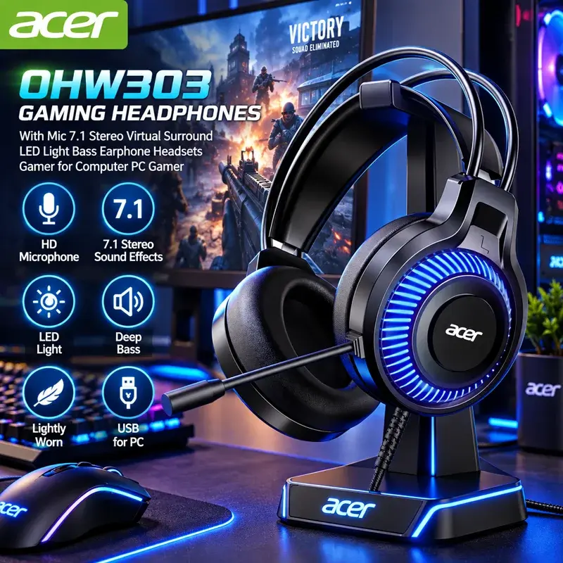 Acer Gaming Fones de ouvido com microfone 7.1 Estéreo Virtual Surround LED Light Bass Fones de ouvido Gamer para computador PC Gamer OHW303