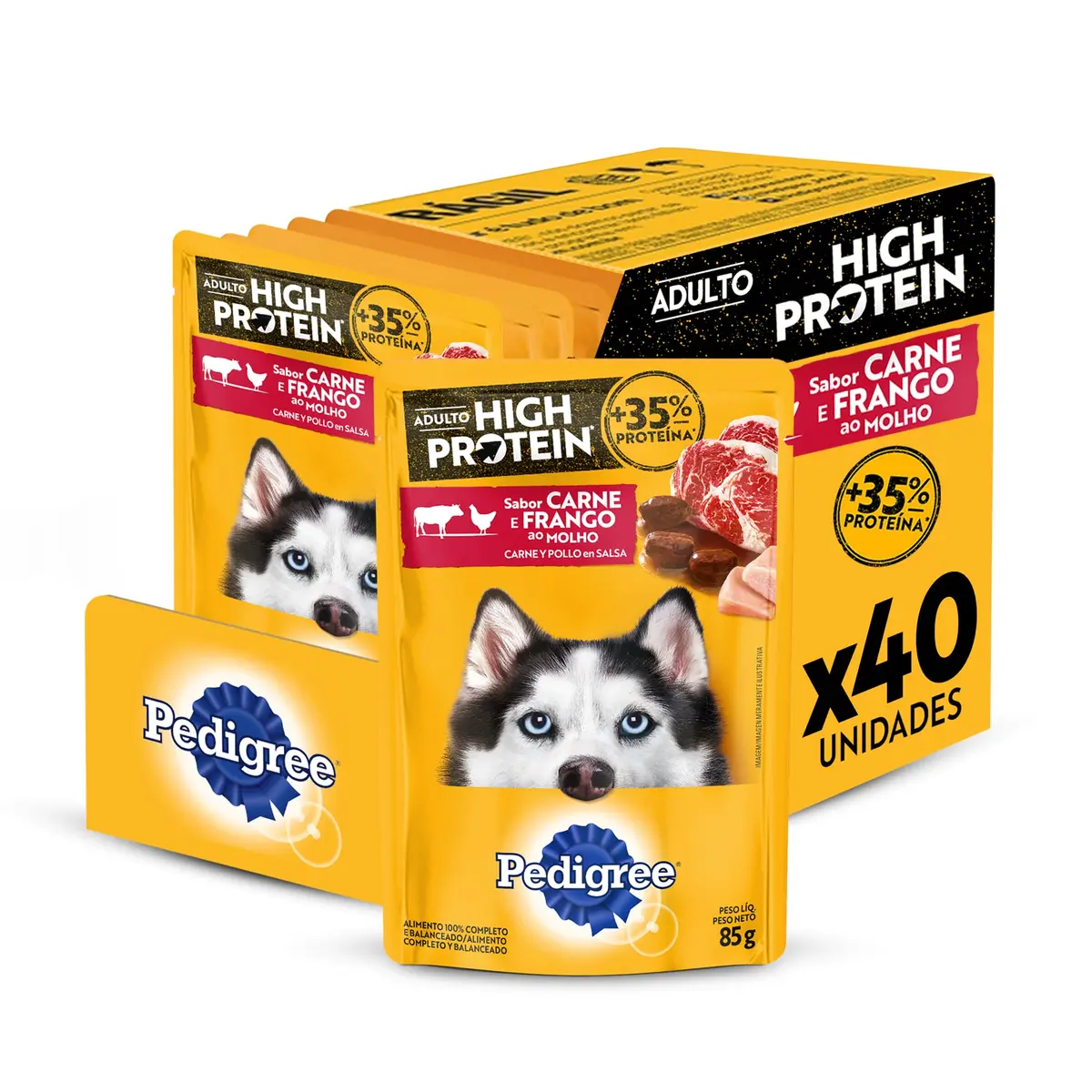 Pack Ração Úmida Pedigree Sachê High Protein Cães Adultos Carne e Frango 85 g - 40 unidades