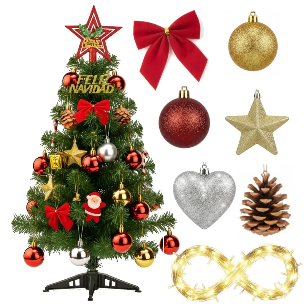 Árvore De Natal De Mesa Luxo 60cm Decorada Pinheiro Enfeites Enfeitada c/ Pisca Fio Fada LED Pequena - 1