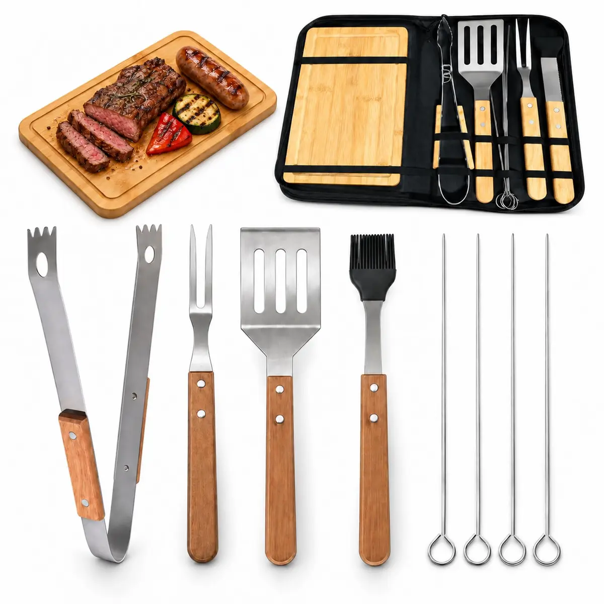 Jogo de Churrasco Tradicional 9 Peças, Kit Churrasco Premium com pá, garfo,pinça,escova,4 espetos de churrasco,tábua de corte de bambu, Kit Churrasqueiro com Estojo Portátil, Ideal para Camping - 1