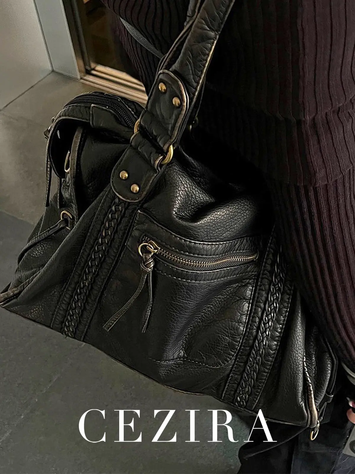 Vintage lavado couro do plutônio grande capacidade tote zip bolsos trança decoração ombro cruz corpo saco unisex feminino bolsa de viagem diária - 1