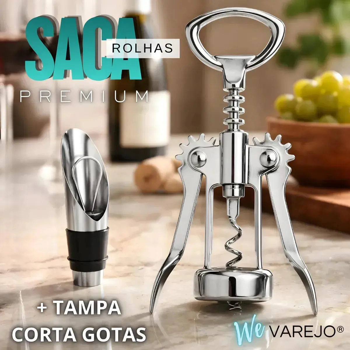 Saca Rolhas Borboleta We Varejo + Tampa e Corta Gotas Bico Dosador Abridor Garrafa Vinho Inox Prateado 17cm