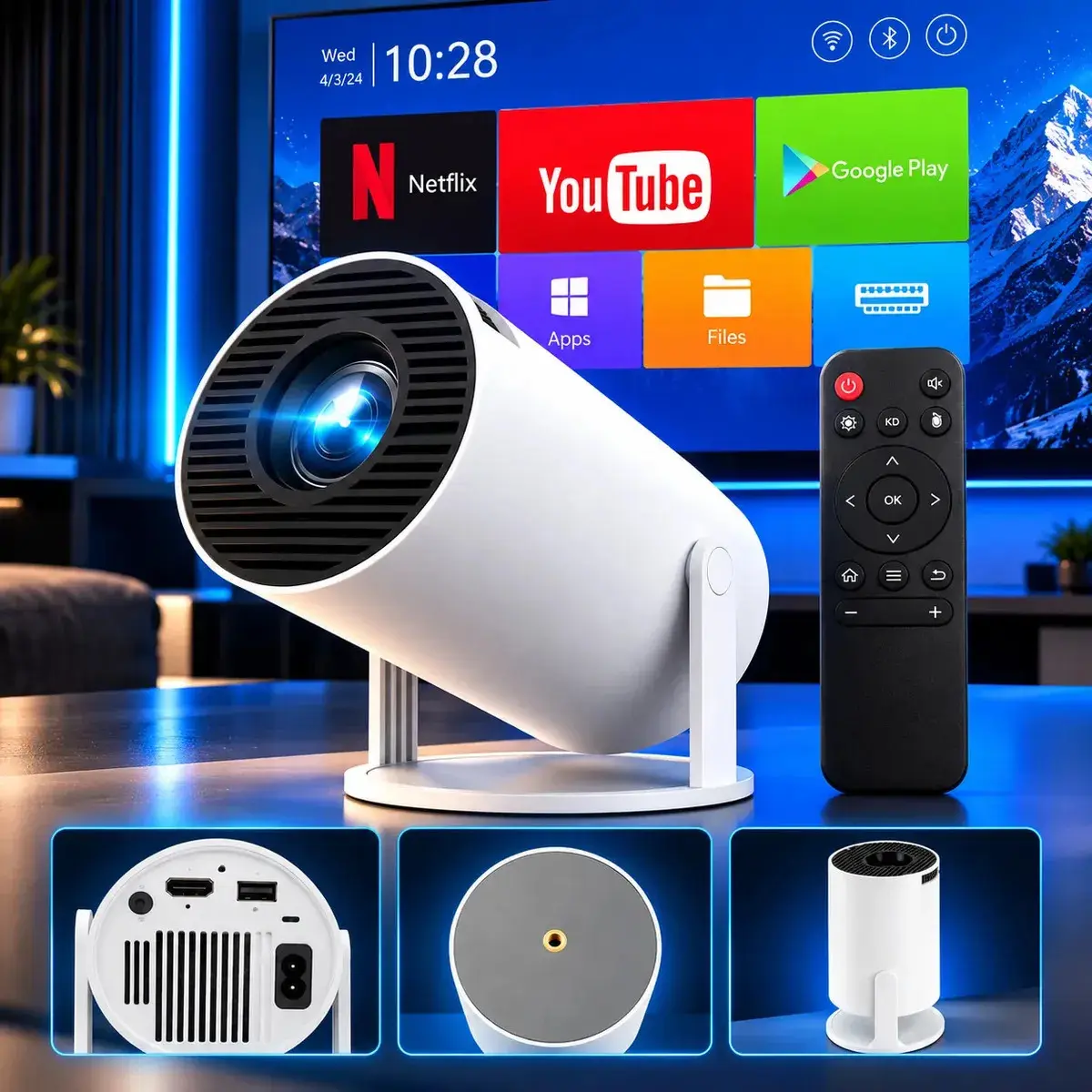 Mini Projetor HY300 4K Full HD Android 13 Wi-Fi Bluetooth Portátil para Celular Notebook TV Box Cinema em Casa Espelhamento de Tela Alta Definição Bivolt