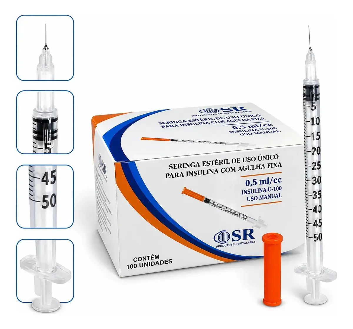 Seringa SR Insulina Agulha Fixa 0,5ml 08x0,30mm Agulha Fixa C/100 Und 0.5 Ml - 1
