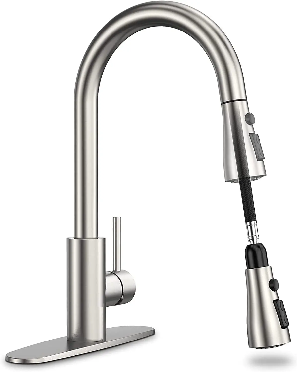 Torneira Cozinha Gourmet, LucZeng Misturador Monocomando Extensível com bico giratório de 3 modos de jato, pulverizador dobrável, alça única de arco alto extraível, Aço Escovado