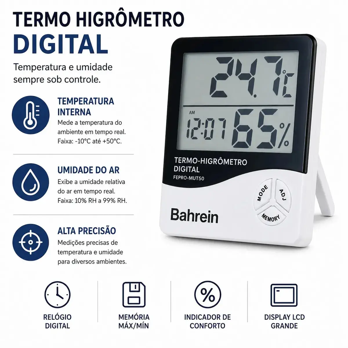 Termo Higrômetro Digital Bahrein para Medir Temperatura e Umidade com Relógio thumbnail 2