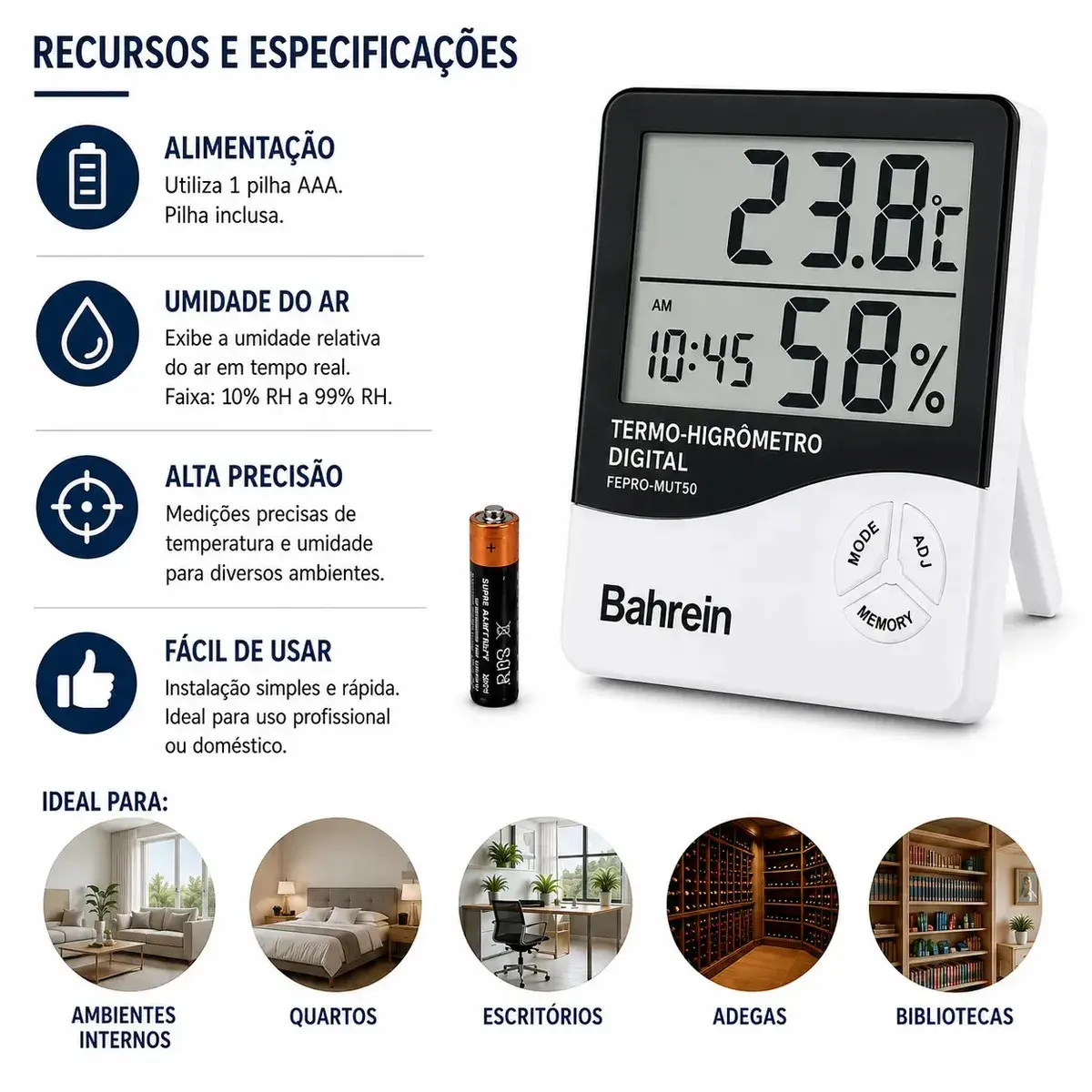 Termo Higrômetro Digital Bahrein para Medir Temperatura e Umidade com Relógio thumbnail 3