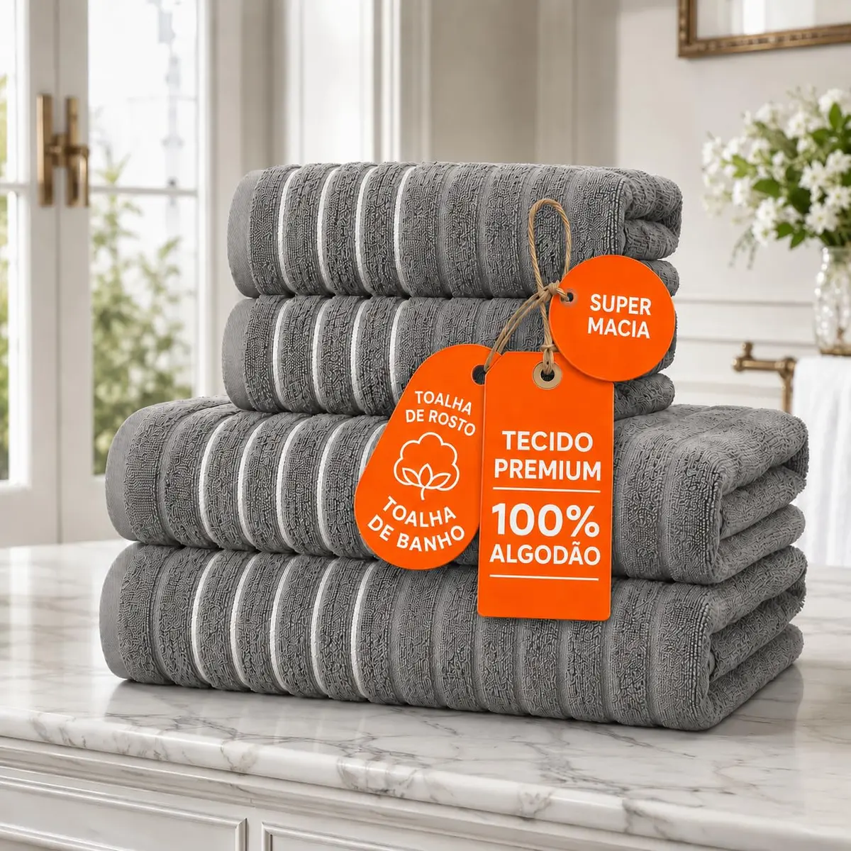 Kit Jogo de Toalhas de Banho e Rosto 4 Peças Banhão 500g/m² Cinza | Algodão fio penteado, toque de hotel 5 estrelas, absorção superior, costura reforçada, 4 cores, uso residencial e comercial