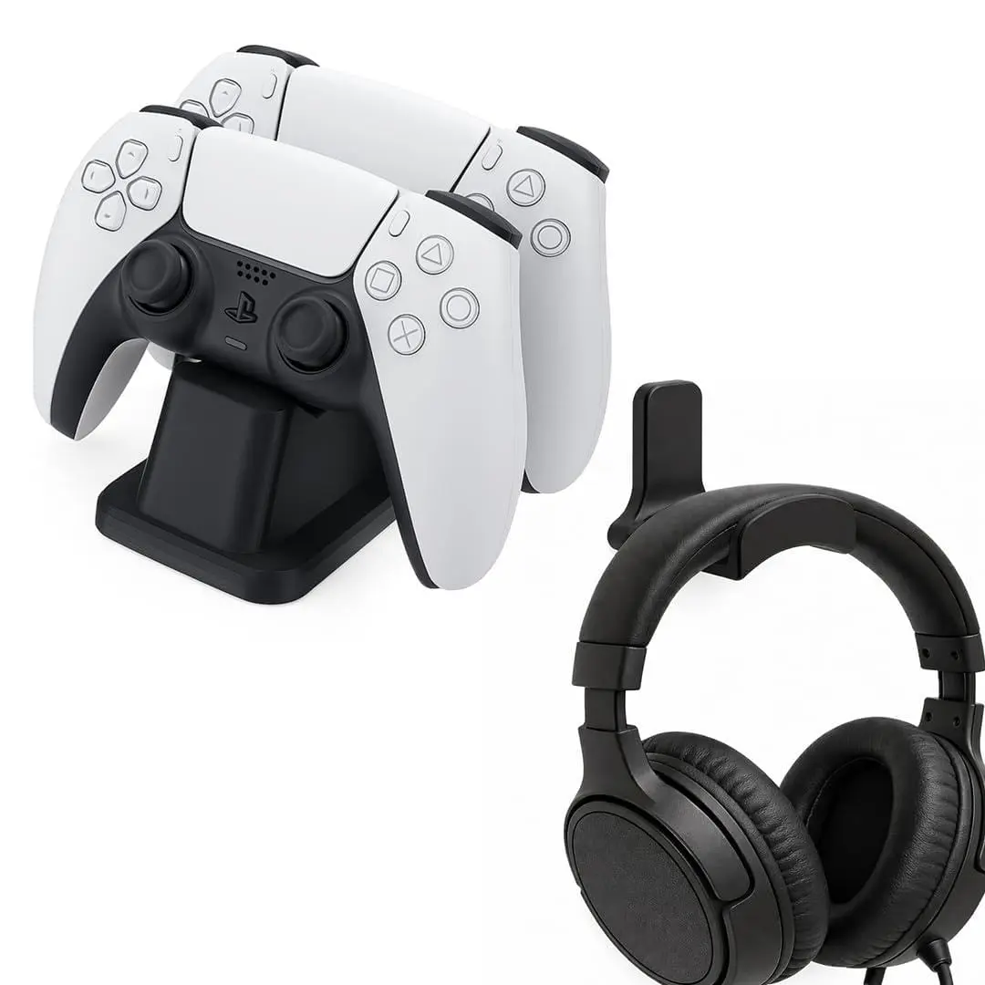 Suporte Duplo Universal para Controle de Jogos, Base de Mesa Decorativa em Plástico, Gamer, Ps5, Ps4, Xbox, Pc, Notebook, Nintendo Switch, Joystick, Manete, Videogame, Console (Preto + Sup Headset)