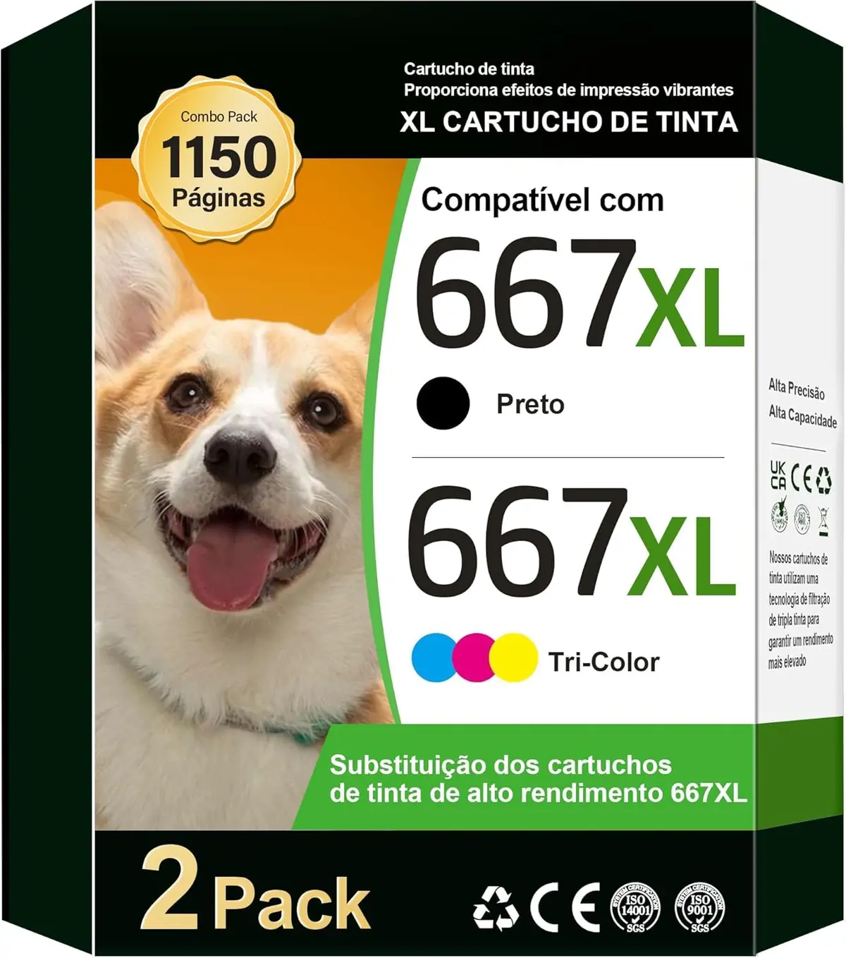 Cartucho de Tinta TECKKIN Compatível com HP 667 667XL Para DeskJet 2376 | Compatível com HP DeskJet Ink Advantage 2775 2776 2374 1275 2375 6475 6476 6075 5076 5276 (1 Preto 1 Colorido) - 1